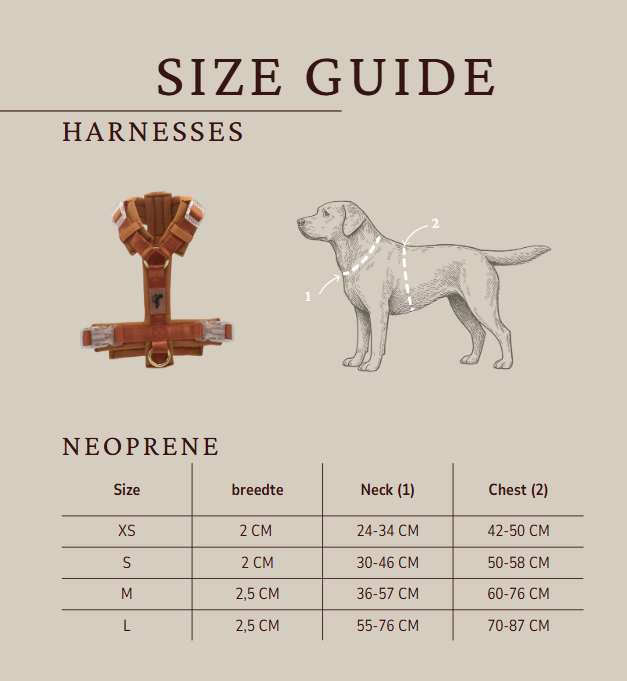 Size guide for dog harnesses with illustrations of a harness and a dog, on a beige background.